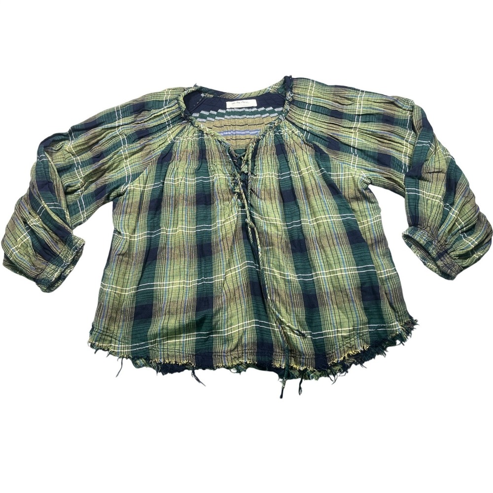 Free People We The Free Medium Plaid Tunic Top Lace Up Raw Hem Green Oversized